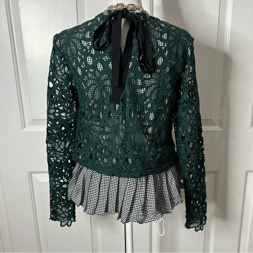 Anthropologie Maeve Green Pleated Lace Top Gabriella Gingham (size small) - Picture 5 of 10
